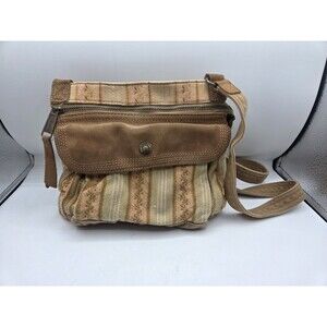 Fossil Y2K Tan Coquette Floral Stripes Crossbody Boho Woven Bag Purse Travel